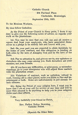 “To the Mexican Workers/Para los Trabajadores Mexicanos” from Rev. Father Nelius Downing, Catholic Priest, September 25, 1925, File 11, Folder “Downing” – “Downing, Rev. Nelius 1925,” ACDJ.