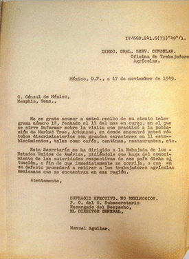 Director General Manuel Aguilar to Consul of Mexico in Memphis, November 17, 1949, folder TM-26-32, AHSRE