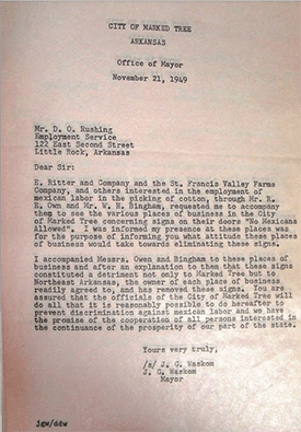 J.G. Waskom, Mayor of Marked Tree, to D.O. Rushing, Employment Service, Little Rock, November 21, 1949; folder TM-26-32 AHSRE