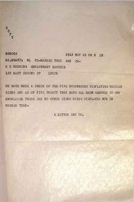 Telegram from E. Ritter and Co. to D.O. Rushing, Employment Service, Little Rock, November 22, 1949, folder TM-26-32 AHSRE