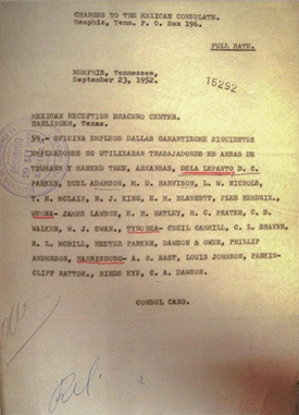 Consul Cano, Memphis, to Mexican Bracero Reception Center, Harlingen, Texas, September 23, 1952, folder TM-26-32, AHSRE.