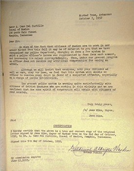 Jess Wike, Mayor of Marked Tree, to Cónsul A. Cano de Castillo, October 2, 1952, folder TM-26-2, AHSRE.