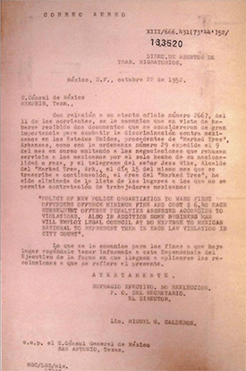 Miguel Calderón, Director of Office of Migratory Workers, to Consul of Mexico, Memphis, October 22, 1952, folder TM-26-32, AHSRE.