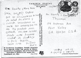 Postcard from Jesus María to Howdy and Mary Ann Thurman, c. 1990, Personal papers of Howdy and Mary Ann Thurman.
